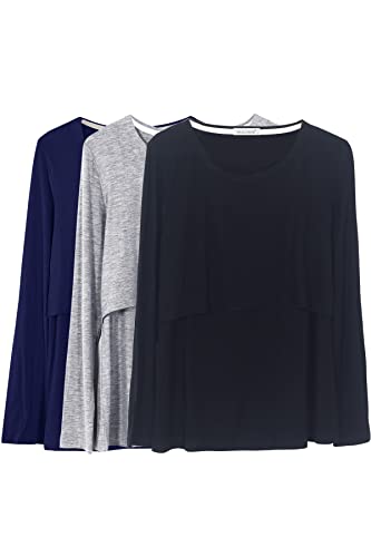 Smallshow Damen Stillshirt Langarm Umstandsshirt 3er Pack,Black/Grey/Navy,XL von Smallshow