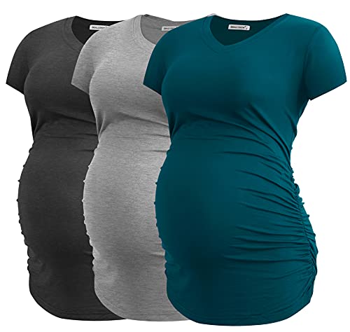 Smallshow Damen Schwangerschaftsshirt mit V-Ausschnitt, seitlich gerafft, Tunika, Schwangerschaft, Kurzarm, Top, Kleidung, 3er-Pack, Dunkelgrau/Hellgrau/Blaugrün, Groß von Smallshow