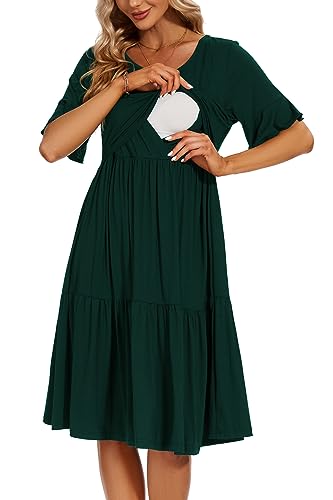 Smallshow Damen Stillkleid Kurzarm Rüschen Umstandskleid Umstandsmode,Deep Green,L von Smallshow