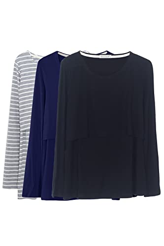 Smallshow Damen Stillshirt Langarm Umstandsshirt 3er Pack,Black-Navy-Light Grey Stripe,S von Smallshow