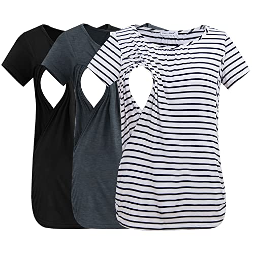 Smallshow Damen Stilltops gerüscht Kurzarm Stillshirts 3er-Pack, Schwarz-tief-grau-weiß gestreift, X-Groß von Smallshow