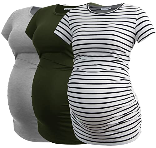 Smallshow Damen Umstandsmode Tops Seitlich Geraffte Schwangerschafts Umstandstop 3er Pack Army Green-Light Grey-White Stripe Large von Smallshow