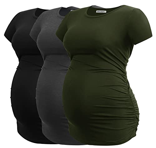 Smallshow Damen Umstandstop Seite gerafft Tunika T-Shirt Schwangerschaft Kleidung, Armeegrün-schwarz-dunkelgrau (3er-Pack)., X-Groß von Smallshow