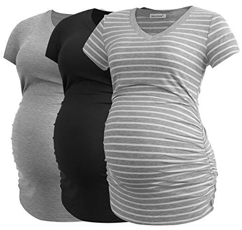 Smallshow Damen Umstandstop V Hals Schwangerschaft Seite Geraffte Umstandskleidung Tops T Shirt 3 Pack,Black-Light Grey-Light Grey Stripe,XL von Smallshow
