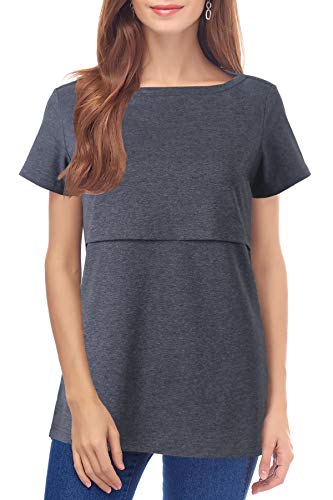 Smallshow Still-Tops Damen Sommer Kurzarm Gestreift Stillen T-Shirt, dunkelgrau, Small von Smallshow