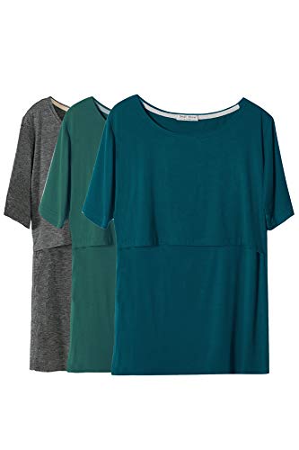 Smallshow Stillshirt Umstandstop T-Shirt Überlagertes Design Umstandsshirt Schwangerschaft Kleidung Mutterschafts Kurzarm Shirt,Deep Green-Deep Grey-Teal,S von Smallshow