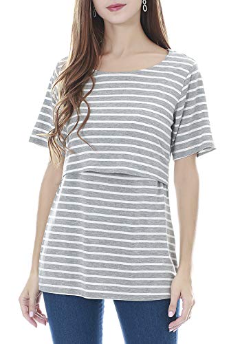 Smallshow Stillshirt Umstandstop T-Shirt Umstandsmode Umstandsshirt Schwangerschaft Kleidung Mutterschafts Kurzarm Shirt Light Grey Stripe XX-Large von Smallshow