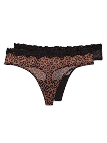 Smart & Sexy Damen Lace Trim Thong Panty 2 Pack Stringhöschen, Leopardenmuster/Schwarz, Medium von Smart & Sexy