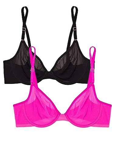 Smart & Sexy Damen Sheer Mesh Demi Bügel-BH, Schwarzer Farbton/Electric Pink, 85D von Smart & Sexy