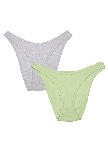 Smart & Sexy Damen String aus bequemer Gerippter Baumwolle mit hohem Beinausschnitt, 2er-Pack Unterwäsche im Bikini-Stil, Glas grün/meliert grau, M von Smart & Sexy