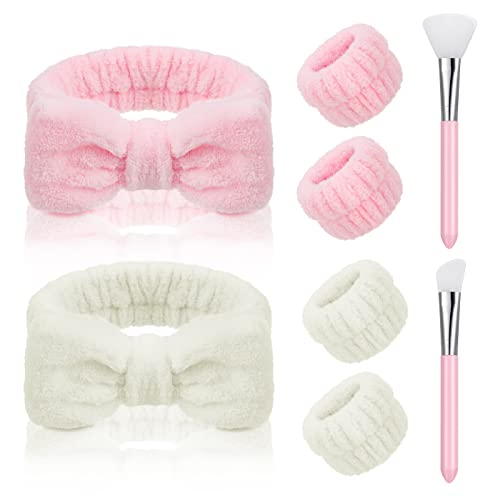 Smilcloud Haarband Kosmetik Set mit 2 Haarbänder Kosmetik 2 Masken Pinsel und 2 Handgelenk Waschband, Spa Haarband für Damen Mädchen Weiche Skincare Stirnband für Hautpflege waschen Gesicht von Smilcloud