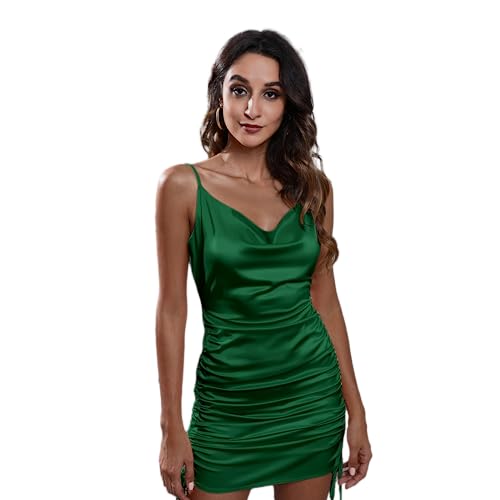 Smileader Damen Rückenfreies Kleid Satin Drawstring Plissiertes Schlankes Kleid V-Ausschnitt Halter Kleid für Frauen Party Nachtclub Sexy Frauenkleider （Green-S） von Smileader