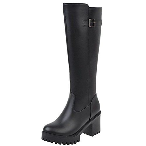 Smilice Damen Plateau Langschaft Stiefel mit Blockabsatz Runde Zehe (Black, 37 EU) von Smilice