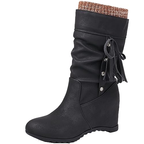 Smilice Damen Runde Zehen-Plissee-Stiefel Hineinschlüpfen KeilAbsatz Kurze Stiefel (Schwarz,37) von Smilice