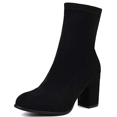 Smilice Damen-Sockenstiefel zum Hineinschlüpfen mit klobigem Absatz (Schwarz,34) von Smilice