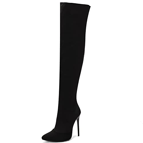 Smilice Frauen Sexy Stiletto Absatz Lange Stiefel über dem Knie Stiefel Einfarbige Oberschenkel hohe Stiefel (Schwarz, 40) von Smilice