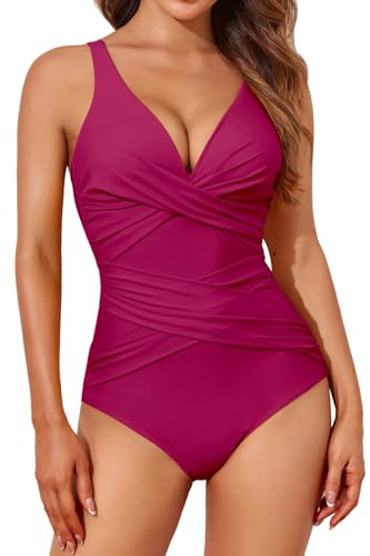 Smismivo Badeanzug Damen Bauchweg Push Up Shape Schwimmanzug mit Bügel Retro Schlankheits Raffung Einteilige Bademode Große Größen Swimsuits for Women One Piece Swimming Suits Badekleid (Raspbeery) von Smismivo