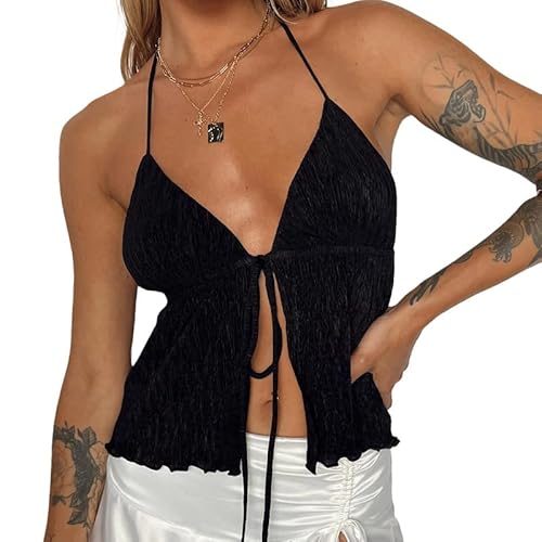 Y2K rückenfreies bauchfreies Top für Damen, Vintage-Stil, sexy Spaghettiträger, Camisole für den Sommer, süße Mini-Weste, E-Girl, Streetwear, L-schwarz, Small von Snaked cat