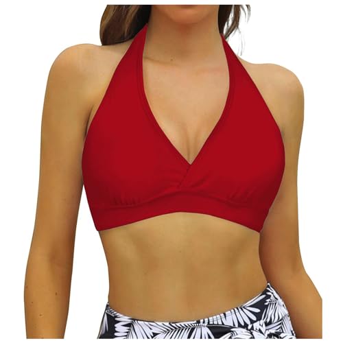 Bikini BH Damen Größen Brüste Bademoden Rückenfrei Bikinioberteil Push Up Sport Bikini Oberteil mit Abnehmbares Gepolsterte Sexy Halfter Self Tie BH Neckholder Bikinitop mit Polster ohne (Red, XL) von Snakell