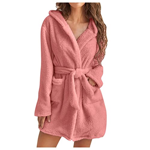 Damen-Bademantel mit Kapuze, Sexy Kimono Frottee-Bademantel, Weich Kurz Flanell Nachtwäsche Plüsch Fleece Damenkleid Pyjama Weicher Bademantel mit Tasche von Snakell