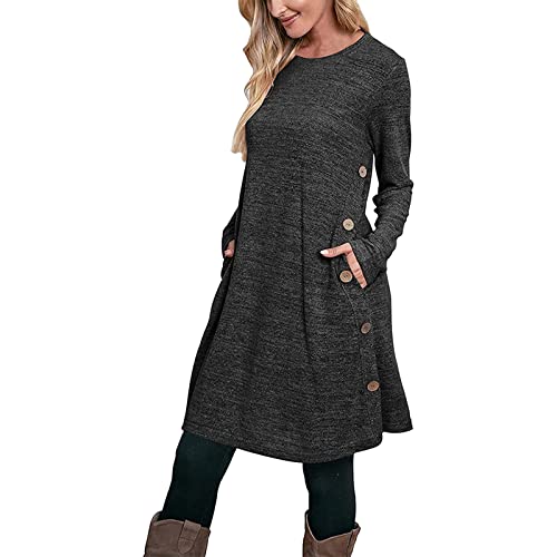 Damen Kleid Pulloverkleid Strickkleider Damen Casual Langarm Sweater Kleider A-Linien Midikleid Rundhals Strickkleid Winter Tunika Kleider Mit Taschen und Knöpfen Freizeitkleid Shirtkleid Lange Tops von Snakell