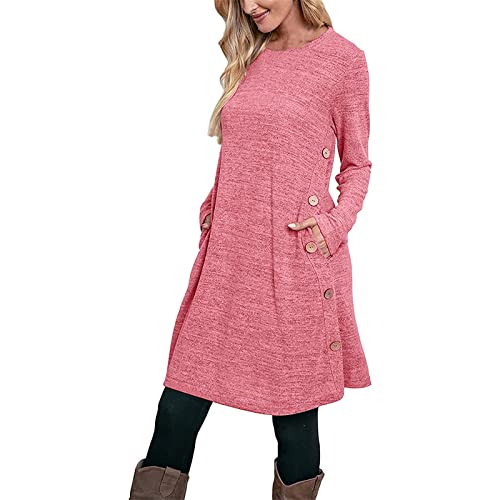 Damen Kleid Pulloverkleid Strickkleider Damen Casual Langarm Sweater Kleider A-Linien Midikleid Rundhals Strickkleid Winter Tunika Kleider Mit Taschen und Knöpfen Freizeitkleid Shirtkleid Lange Tops von Snakell