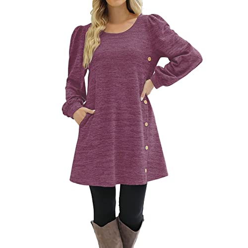 Damen Kleid Pulloverkleid Strickkleider Damen Casual Langarm Sweater Kleider A-Linien Midikleid Rundhals Strickkleid Winter Tunika Kleider Mit Taschen und Knöpfen Freizeitkleid Shirtkleid Lange Tops von Snakell