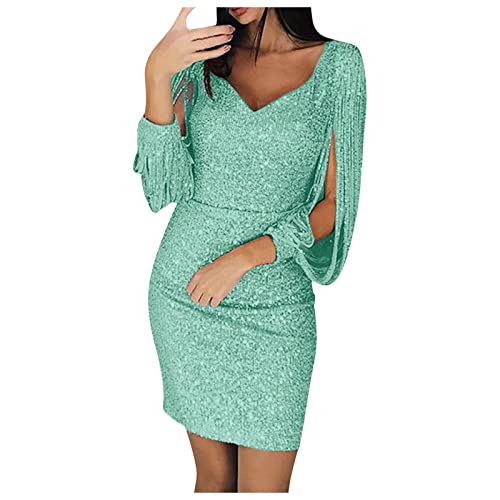 Damen Pailettenkleider Langarm Tiefer V-Ausschnitt Partykleid Abendkleid Slim-Fit Tunikakleid Eleganter Ballkleid Minikleid Knielang Festlichkleid Wickelkleid Sexy Hohe Taille (Mint Green-k, XXL) von Snakell