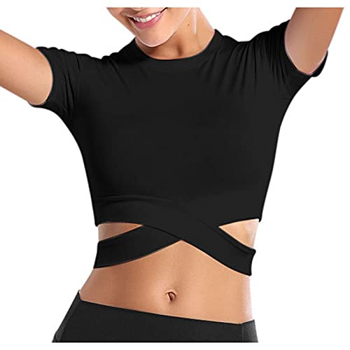 Damen Sport Crop Tops Langarm Nahtlose Kompression T-Shirt Fitness Crop-Top Kurzarm Bauchfreie Sexy Oberteile Stretch Atmungsaktiv Sportshirt mit für Gym Yoga Running (Black-2, L) von Snakell