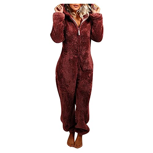 Jumpsuit Damen Winter Warm Einteiler Onesie Kuschelig Overall Teddy Fleece Schlafanzug Weich Lang Pyjama Flauschig Hausanzug Bequem Schlafoverall mit Kapuze Reißverschluss Große Größen (A-Wine, M) von Snakell