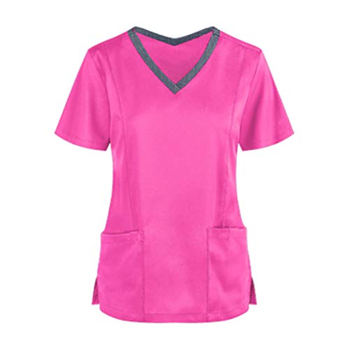 Kasack Altenpflege Damen Pflege Schlupfkasack V-Ausschnitt Einfarbig Arbeitskleidung Krankenpfleger Schlupfhemd Berufsbekleidung Schönheitssalon Mit Taschen Kurzarm Casual Tshirt (E-Watermelon Red, M) von Snakell