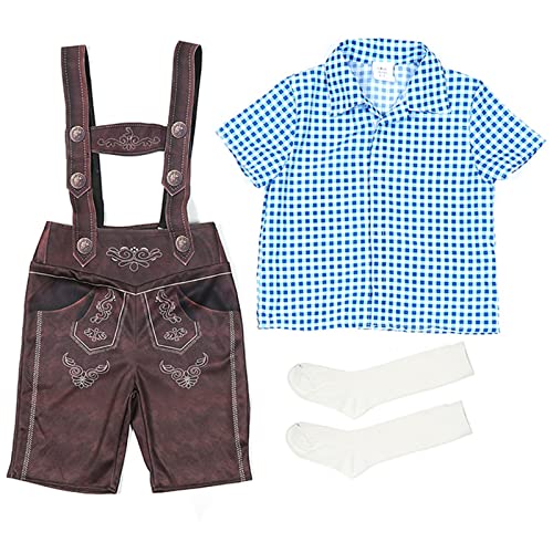 Kinder Lederhose Trachtenset Leo Kurz Trachtenlederhose mit Hemd Jungen mit Träger und Stickerei Lederhose Baby Trachtenhemd (Blue-B, 2-4 Years) von Snakell