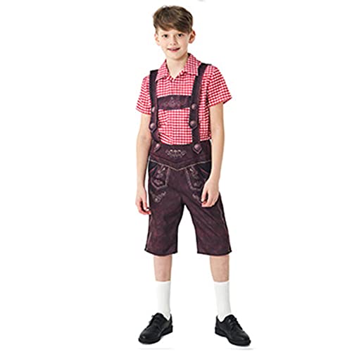 Kinder Lederhose Trachtenset Leo Kurz Trachtenlederhose mit Hemd Jungen mit Träger und Stickerei Lederhose Baby Trachtenhemd (Red-B, 10-12 Years) von Snakell