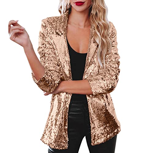 Pailletten Blazer Damen mit Glitzer Glänzend Jacke Langarm Bomberjacke Slim Fit Cardigan Kurz Sakko Einfarbig Blazermantel Tops Teenager Mädchen Streetwear Glitzer Party Jacke Outfits (Gold-1, S) von Snakell