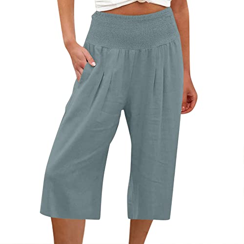 Snakell Sommerhose Damen Leicht Sommer Leinenhose 3/4 Länge Capri Hose Capri Hose Baumwolle Leinen Stoffhose Elegant Weite Bein Shorts Bequeme Luftige Freizeithose Haremshose Strandhose Mit Taschen von Snakell