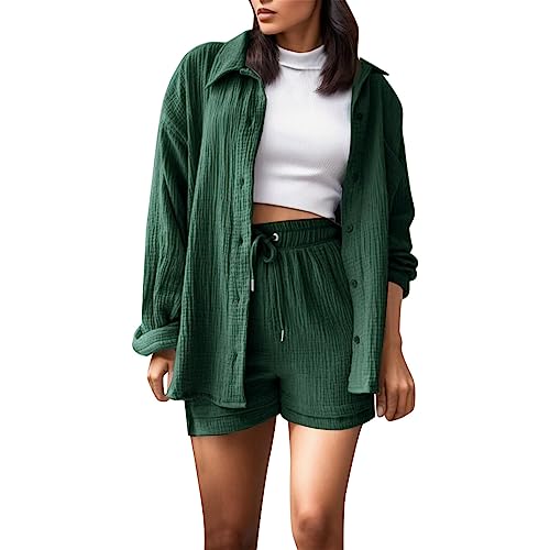 Snakell Zweiteiler Damen Outfit Sommer Musselin Bluse Outfits Anzug 2 Teilig Bluse und High Waist Shorts Set Y2K Streetwear Aesthetic Clothes Loungewear Anzug Oversize Tracksuit Freizeitanzug von Snakell