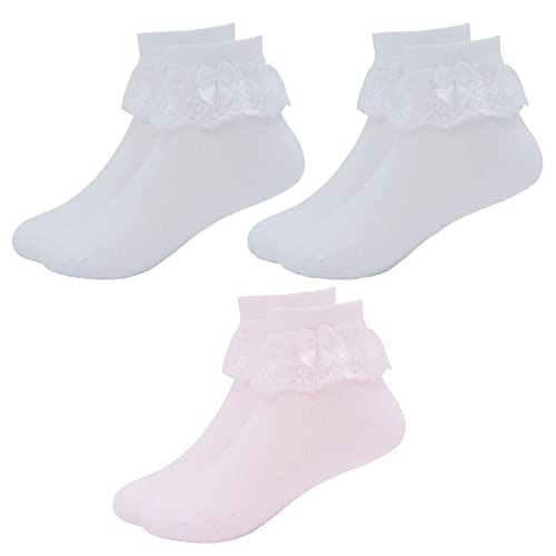 Snegyu 3 Paar Dünne Rüschen Socken mit Rüschen Mädchen Rüschensocken Söckchen mit Spitze für Kinder Sommer Weiße Baumwollsocken Prinzessin Socken 7-9 Jahre von Snegyu