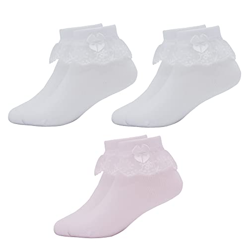 Snegyu 3 Paar Rüschensocken Kinder Söckchen Schulmädchen Weiße Baumwollsocken mit Schleifen Spitze Rüschen Socken Prinzessin Socken für Mädchen 5-7 Jahre von Snegyu