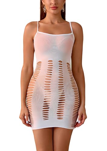 Sniff Rose Damen Cut Out Mesh Bodycon Kleid Damen Fishnetz Dessous Ausgeschnittener Bodysuit Minikleid Nachthemd Unterkleid (Weiß) von Sniff Rose