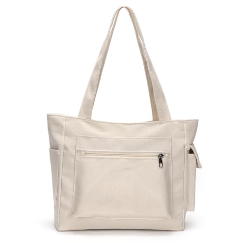 Snmoec große handtasche damen shopper umhängetasche damen gross stofftasche mit reißverschluss canvas tasche damen tasche mit vielen fächern beige von Snmoec