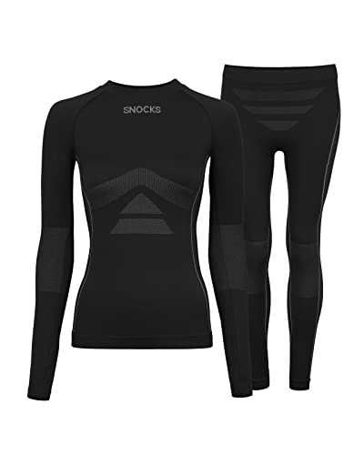 Snocks Mädchen Thermo Set Gr. XL I Wärmende Thermounterwäsche für Damen I Ski, Jogging, Spatzieren oder für die Freizeit ideal geeignet I Funktionsshirt Frauen Langarm und Funktionshose Set I Schwarz von Snocks