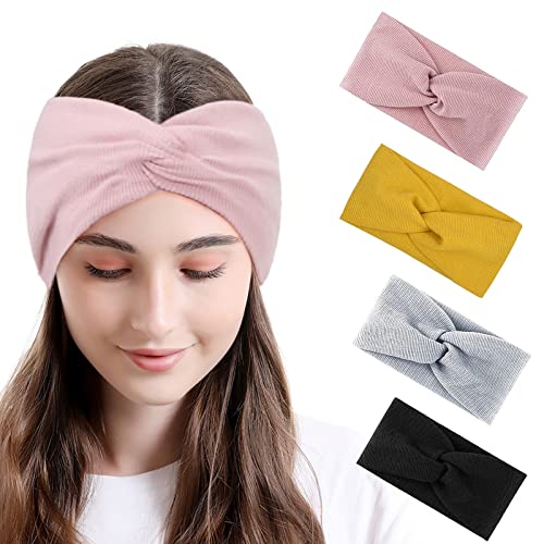 Schneespitze 4 Stück Stirnband Damen,Haarband,Damen Elastische Stirnband,Kopfband Haarspange Verdrehte Handband Elastische Stirnbänder Sport Schwarz/Grau/Gelb/Pink von Snowtain