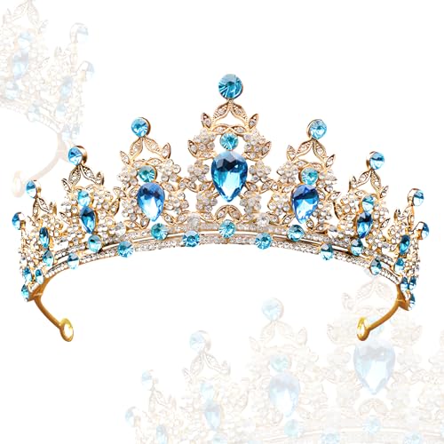 Snowtain Hochzeit Tiara, 1 Pcs Kristalle Prinzessin Krone, Kristall Krone Tiara, Hochzeit Braut Kristall Tiara für Brautkrone,Hochzeit, Abschlussball，Festzug (Blaues Diamantgold) von Snowtain