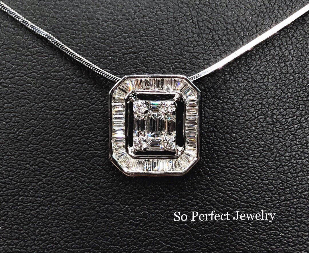 0.90 Smaragdschliff Diamant Illusion Fassung Natur 18K Massiv Weißgold Anhänger Kette Halskette Hochzeit Geschenk Sqaure Retacgular Baguet von SoPerfectJewelry