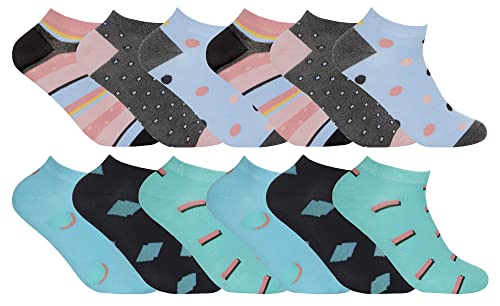 12er Pack Mädchen Bambus Sneaker Socken | Sock Snob | Weiche Atmungsaktive Gestreifte und Gepunktete Muster Kurz Trainer Knöchelsocken für Knder (7-10 Jahre, Flecken/Formen) von Sock Snob