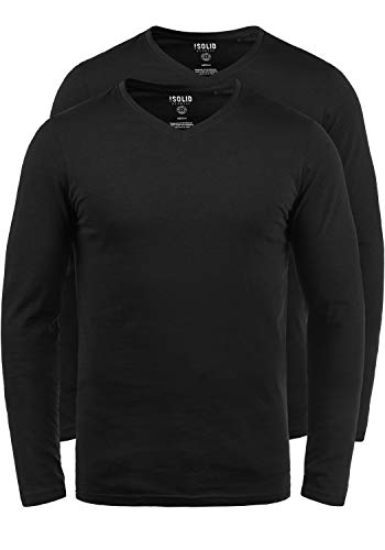 Solid Basil Herren Longsleeve Langarmshirt Shirt Basic Aus 100% Baumwolle Mit V- Ausschnitt Im 2er Pack, Größe:L, Farbe:Black (9000) von Solid