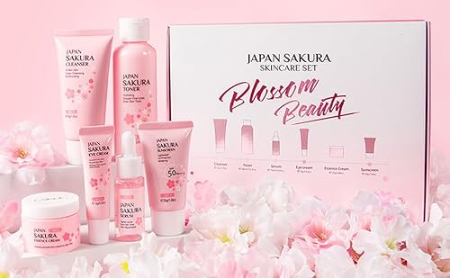 2set Sakura Hautpflege-Sets Hautpflege-Geschenksets für Frauen 6-Schritte-Hautpflegeroutine Reiniger Toner Essenz Augencreme Gesichtscreme Sonnenschutz Geschenk für Mädchen von Sollee