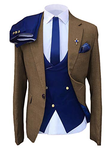Herren Formal 3 Stücke Herren Anzug Slim Fit Kerbe Revers Blazer Blau Smoking für Hochzeit Trauzeugen (Blazer+Weste+Hose), Braun, 52 von Solove-Suit