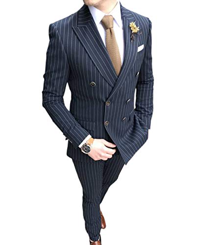 Männer 2 Stück formale Slim Fit Nadelstreifen Männer Anzug Zweireiher Groomsmen Smoking für Hochzeit (Blazer+Hosen)(Navy,44) von Solove-Suit