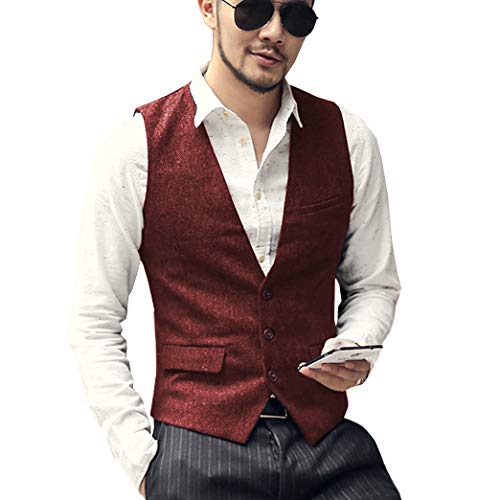 Solove-Suit Herren Anzug Weste Fischgrätenmuster Slim Fit Weste für Hochzeit Groomsmen（Burgund，XXXL von Solove-Suit